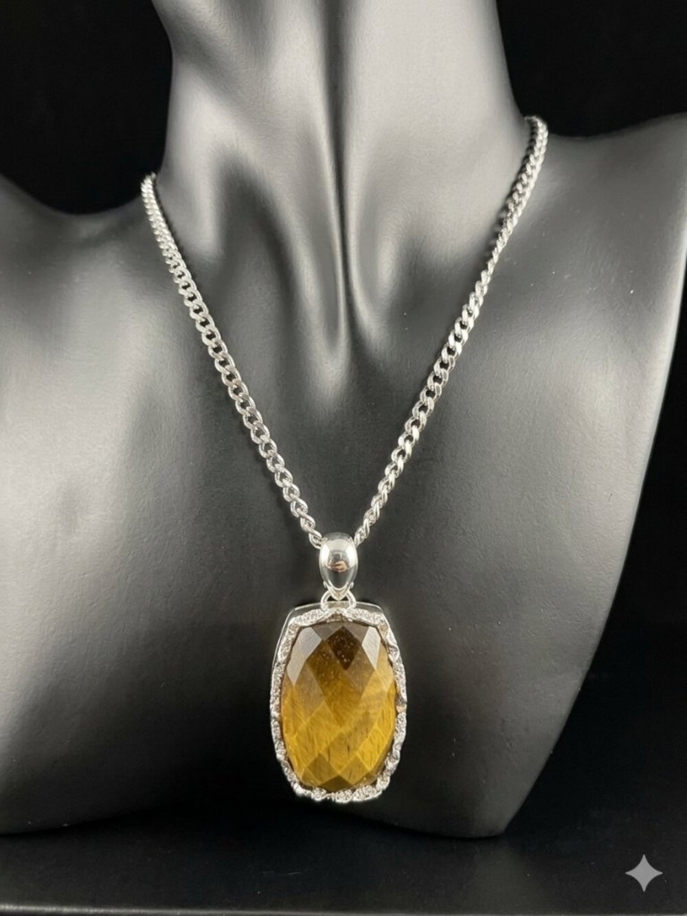 925 Sterling Silver Tiger’s Eye Statement Pendant – Faceted Gemstone